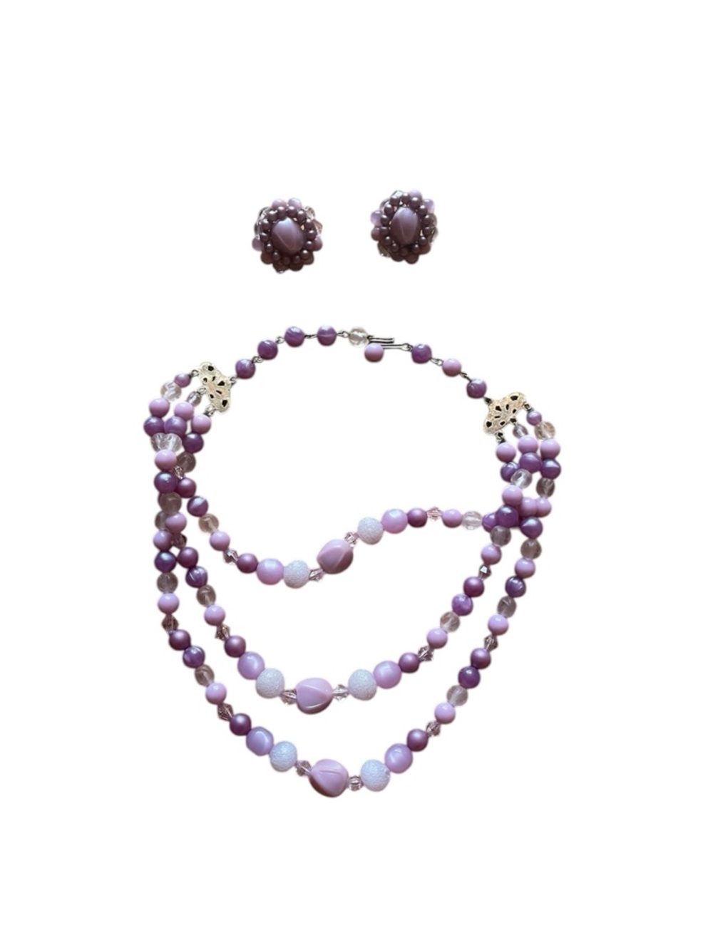 Vintage Costume jewelry Lavender Beaded Necklace and Clip-On Earring Set